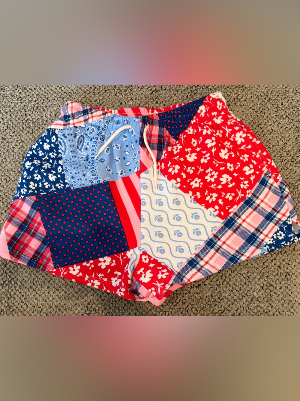 Mighty Fine Patchwork Shorts - Red, Navy & Light Blue